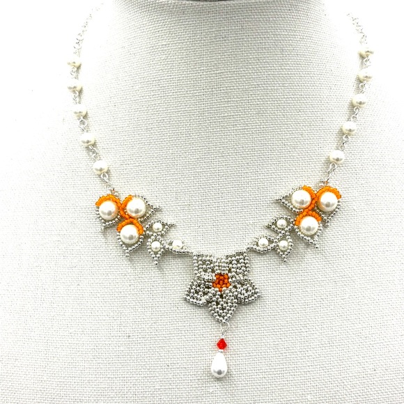 Hand Crafted Silver and Orange with Pearl Flower Necklace - Picture 4 of 9